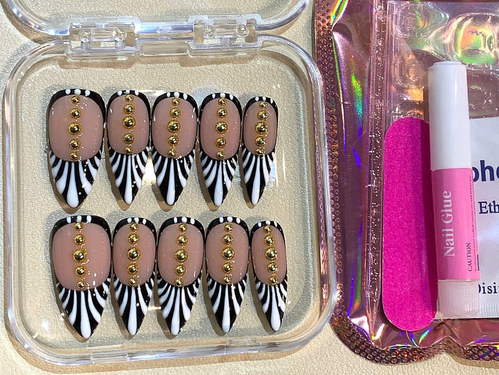 Handmade Zebra Stripe Press On Nails: Black, White & Gold