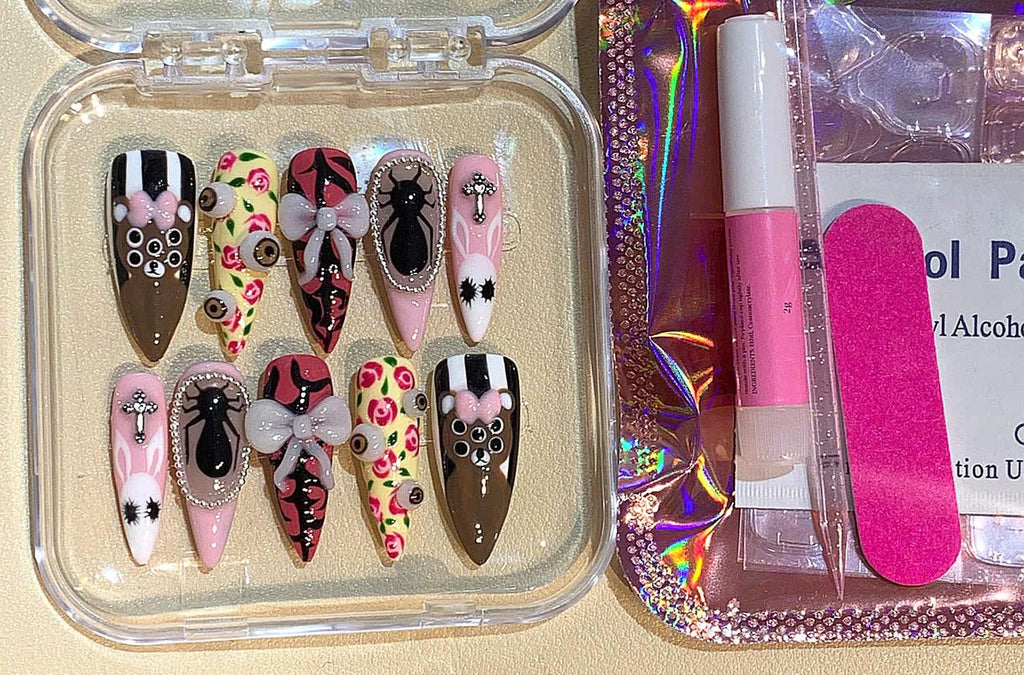 Horror Press On Nails, Halloween False Nails, Spider, Bunny, Bear, Eyeball, Bow