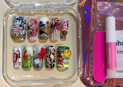 Hand-Painted Asian Art Press On Nails: Koi Fish & Lotus Design