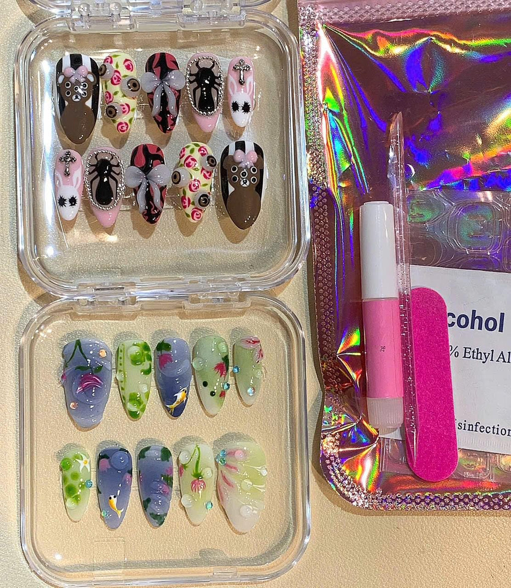 Hand-Painted Koi Pond Press On Nails: 3D Water Bubble Nail Art