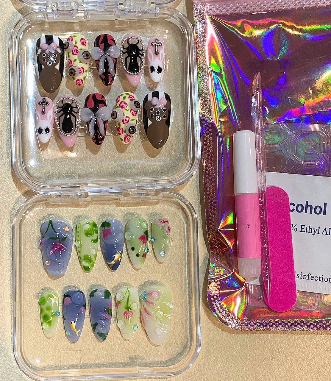 Hand-Painted Koi Pond Press On Nails: 3D Water Bubble Nail Art