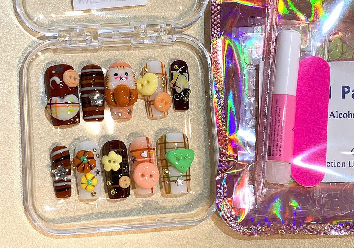 Kawaii Cookie Bear Press On Nails: 3D Autumn Nail Art