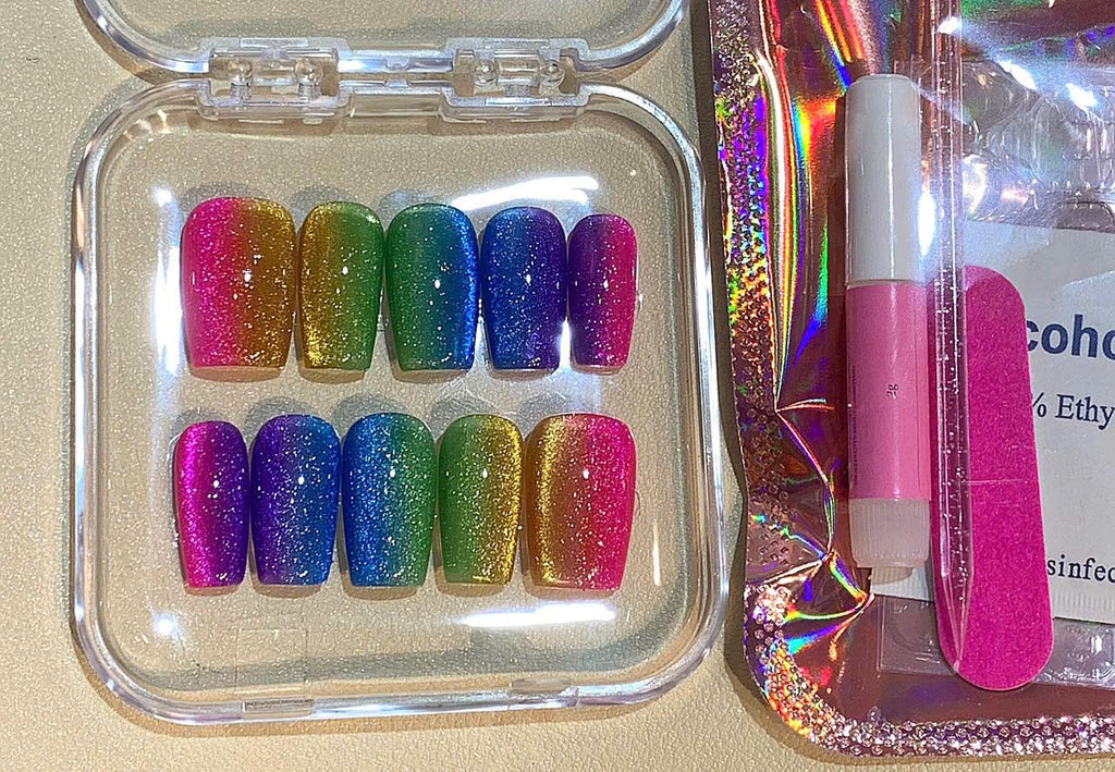 Rainbow Glitter Ombre Press On Nails: Handmade Festival Fake Nail Set