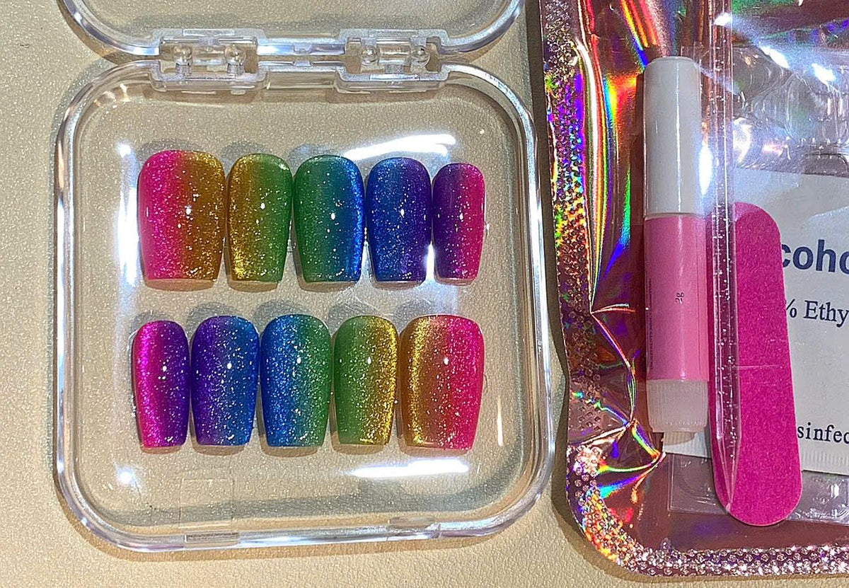 Rainbow Glitter Ombre Press On Nails: Handmade Festival Fake Nail Set