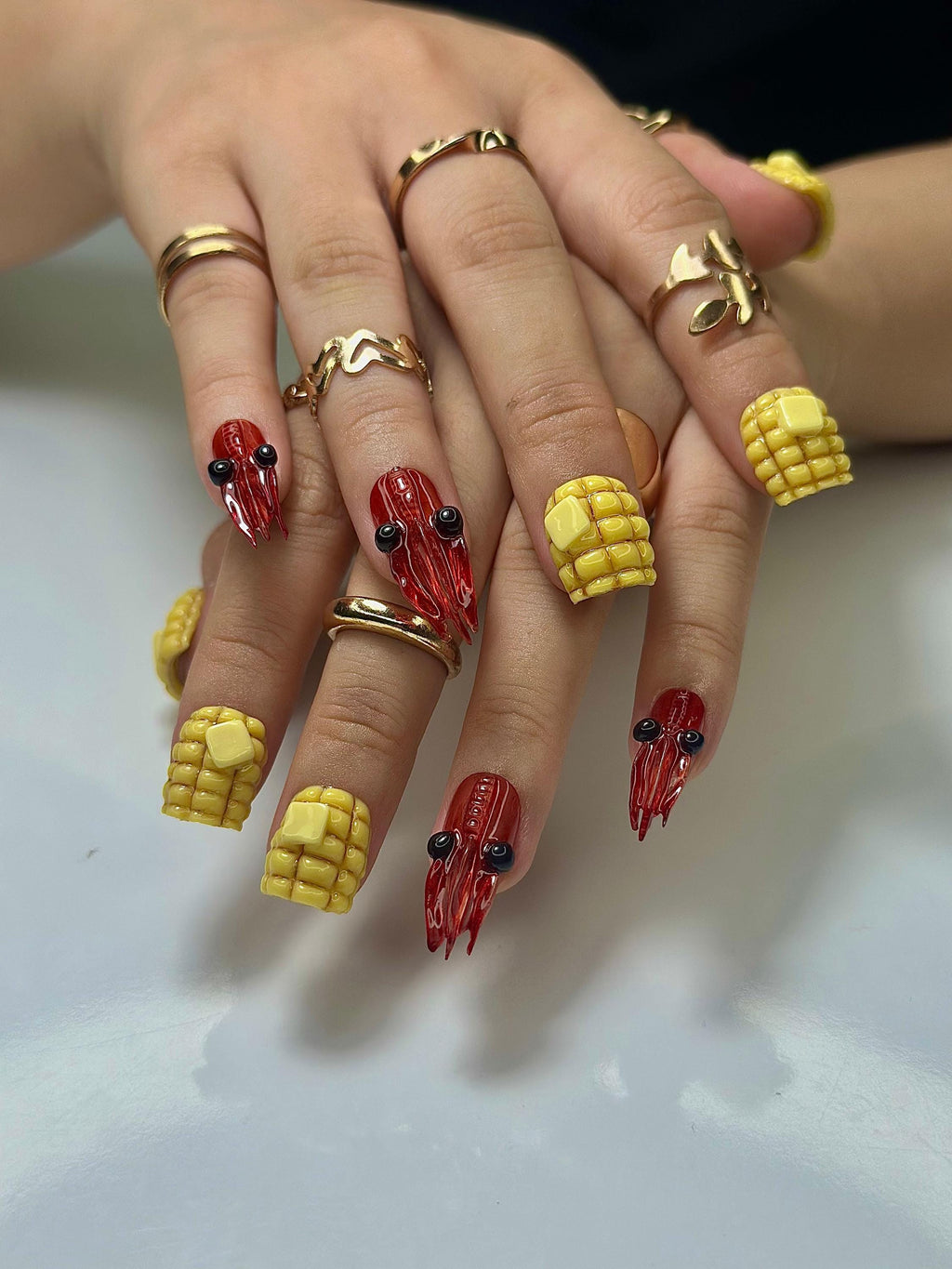 Corn & Crawfish Press On Nails | 3D Food-Inspired Nail Art | Yellow Corn Cob Nails | Red Crawfish Lobster Claws | Fun Quirky Nails | JB147HC