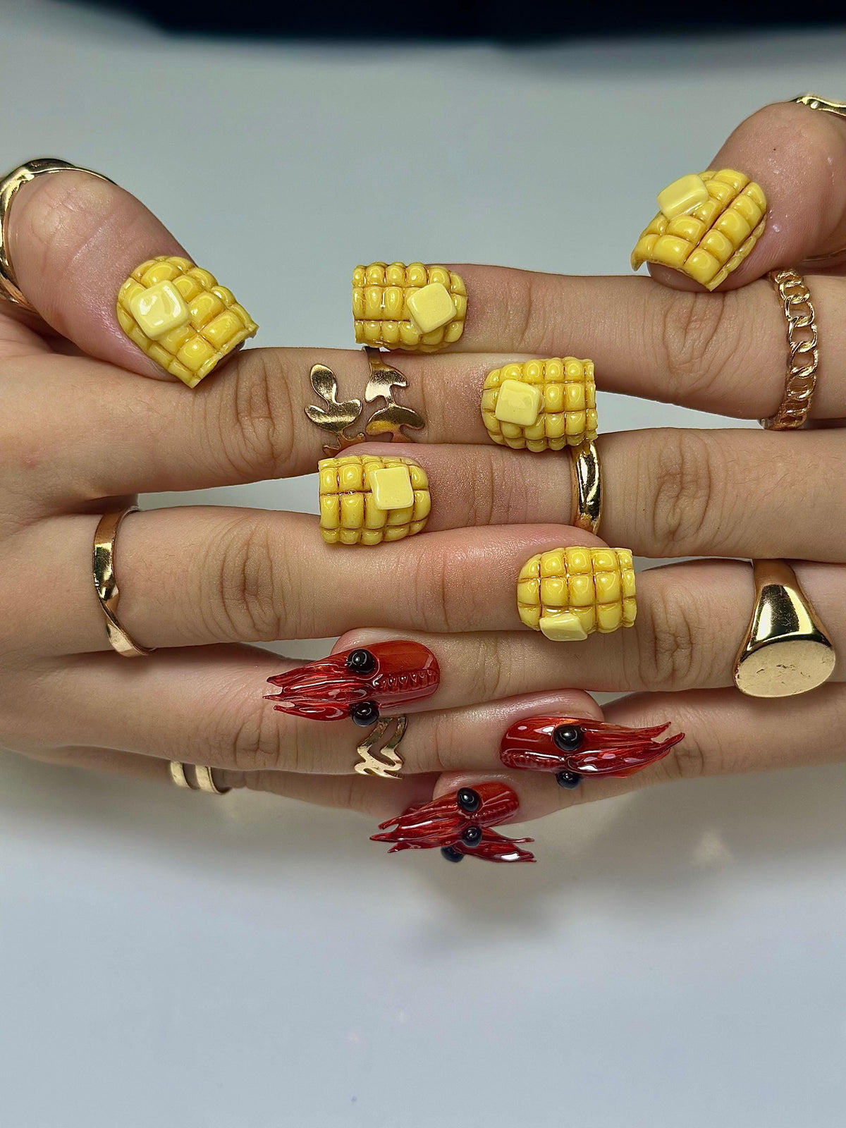 Corn & Crawfish Press On Nails | 3D Food-Inspired Nail Art | Yellow Corn Cob Nails | Red Crawfish Lobster Claws | Fun Quirky Nails | JB147HC