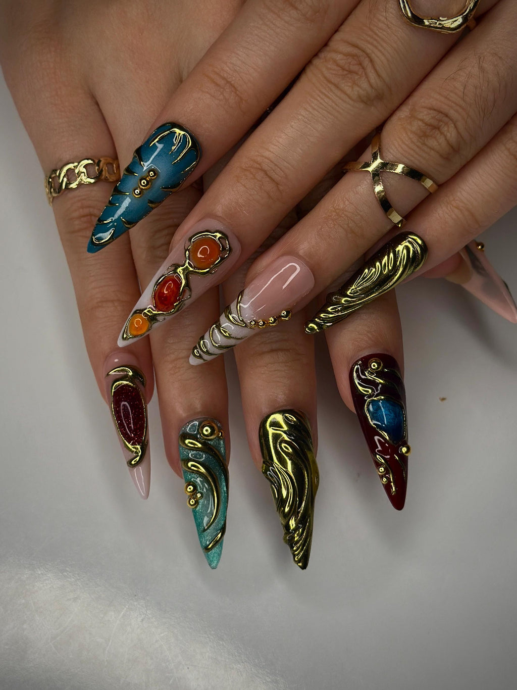 Colorful 3D Texture Press On Nails | 3D Gemstone Royalty  Nail Art | Handmade Luxury Statement Nails | Elegant Fantasy Nail Set | JB148HK