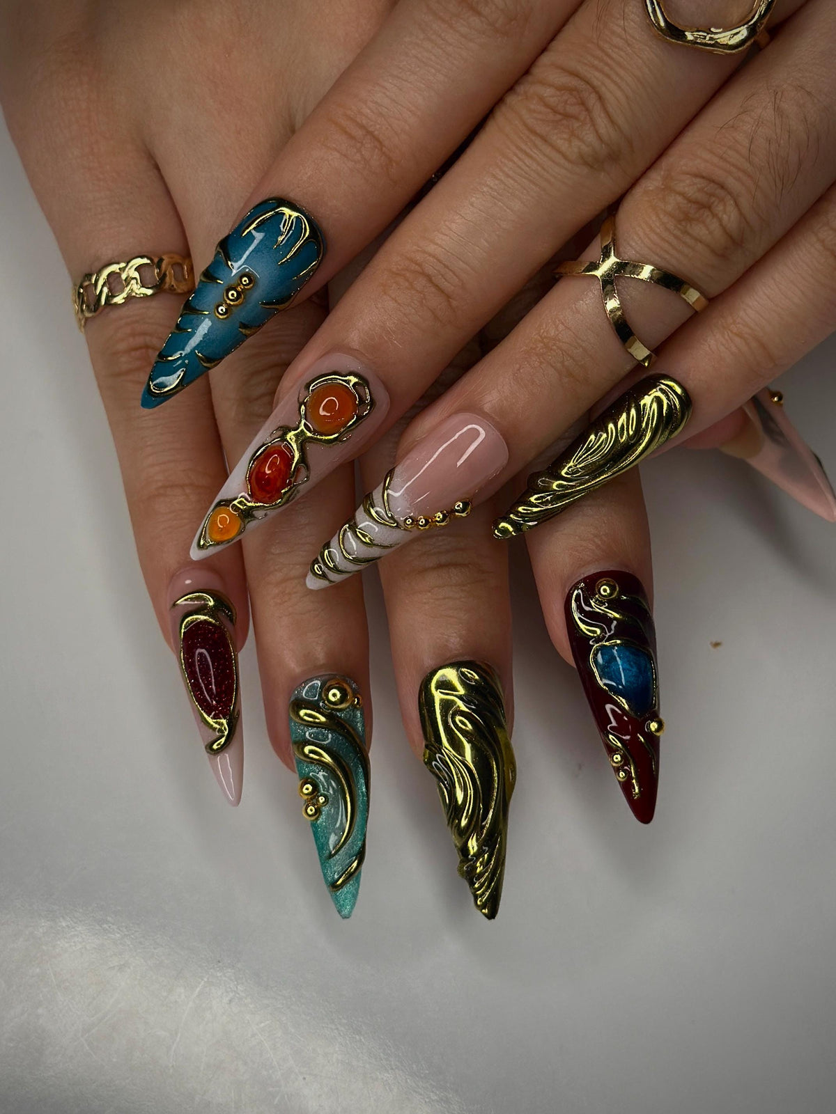 Colorful 3D Texture Press On Nails | 3D Gemstone Royalty  Nail Art | Handmade Luxury Statement Nails | Elegant Fantasy Nail Set | JB148HK