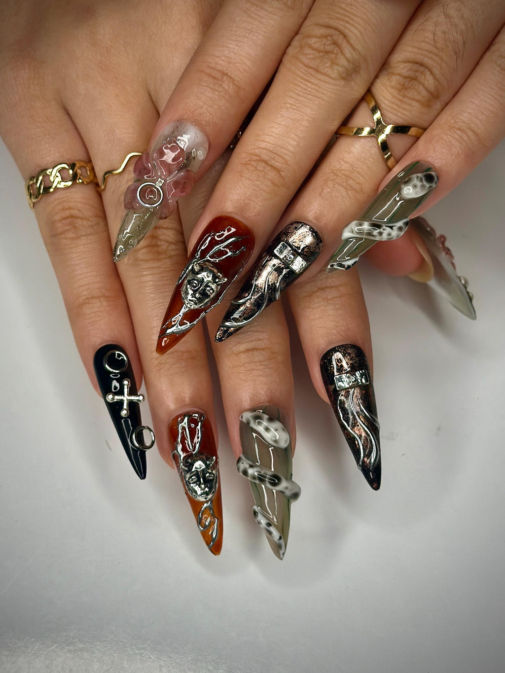Dark Fantasy Sculpture Press On Nails | 3D Metallic Face Art | Gothic Chains & Abstract Accents | Handmade Nails | Avant-Garde Nail| JB149HK