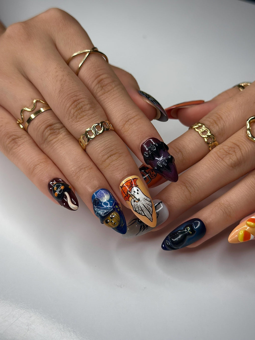 Halloween Ghost Press On Nails | Spooky Cat & Candy Corn Press Ons | Handpainted Haunted House Nails | Cute Witchy Halloween Nails | JB100HC