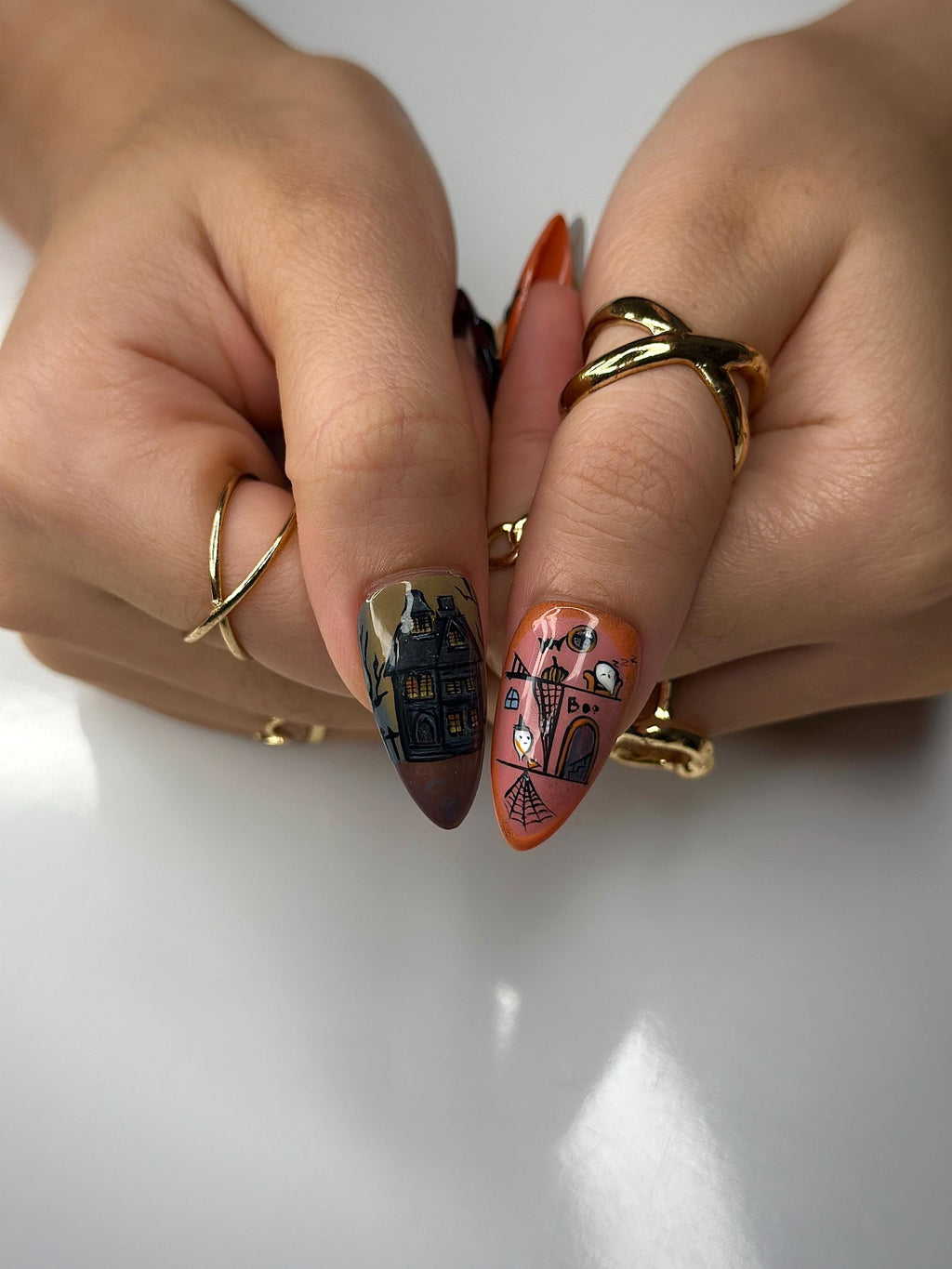 Halloween Ghost Press On Nails | Spooky Cat & Candy Corn Press Ons | Handpainted Haunted House Nails | Cute Witchy Halloween Nails | JB100HC