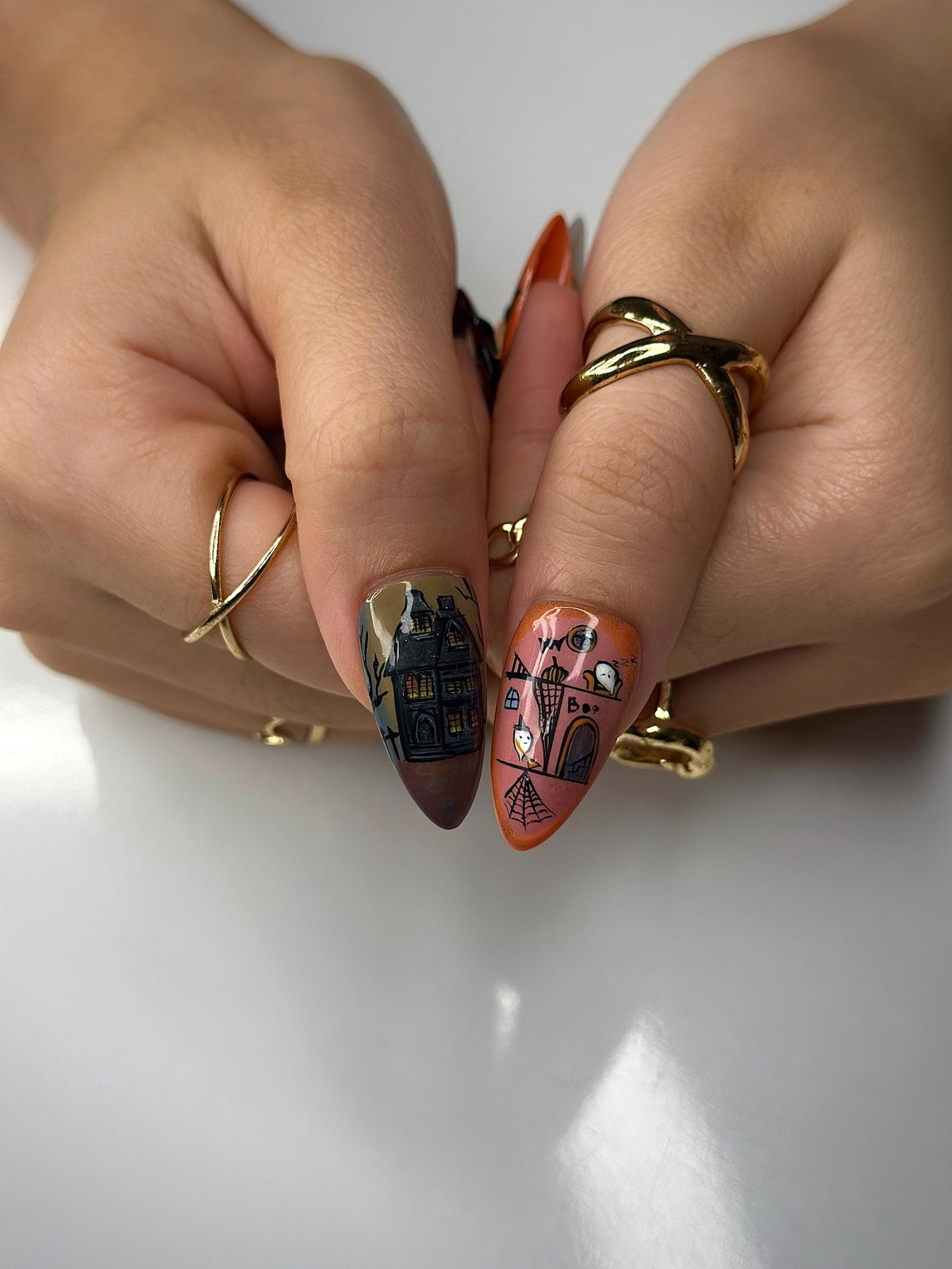 Halloween Ghost Press On Nails | Spooky Cat & Candy Corn Press Ons | Handpainted Haunted House Nails | Cute Witchy Halloween Nails | JB100HC