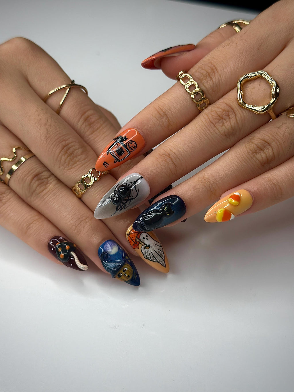 Halloween Ghost Press On Nails | Spooky Cat & Candy Corn Press Ons | Handpainted Haunted House Nails | Cute Witchy Halloween Nails | JB100HC