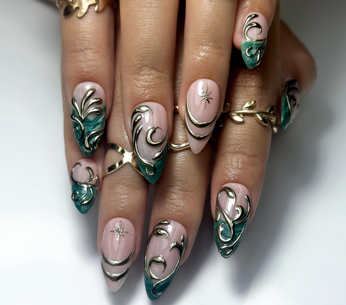 Enchanted Emerald Swirl Press On Nails | Luxurious Green & Gold Nail Art | 3D Baroque-Inspired Details | Long Almond Statement Set | JB158EC