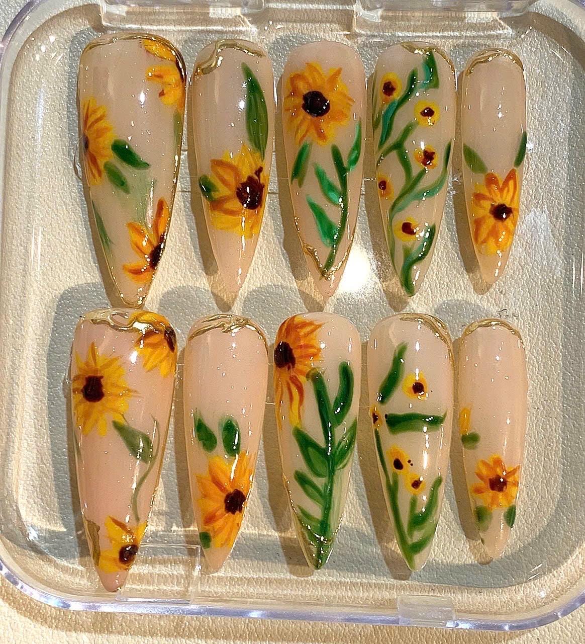 Handmade Sunflower Press On Nails: Long Stiletto Floral Nail Set