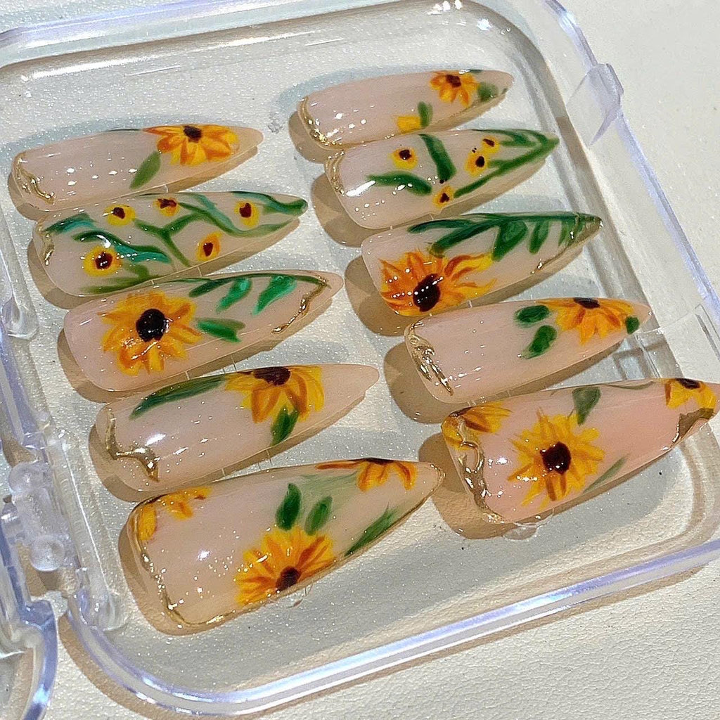 Handmade Sunflower Press On Nails: Long Stiletto Floral Nail Set