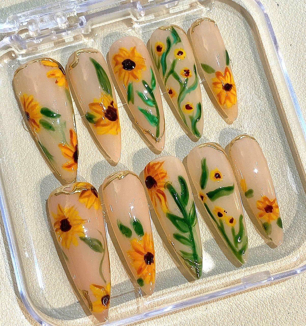 Handmade Sunflower Press On Nails: Long Stiletto Floral Nail Set