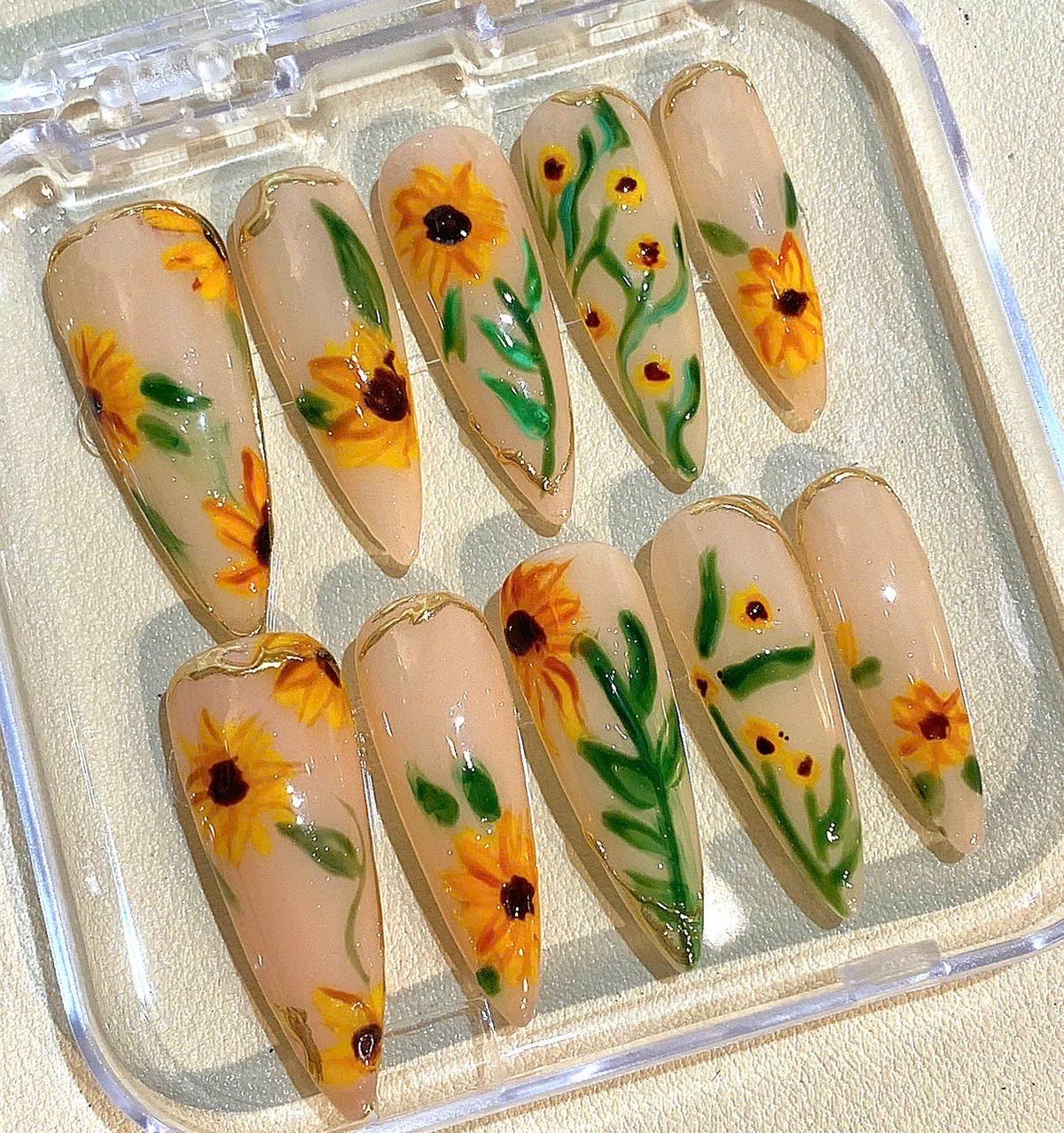Handmade Sunflower Press On Nails: Long Stiletto Floral Nail Set