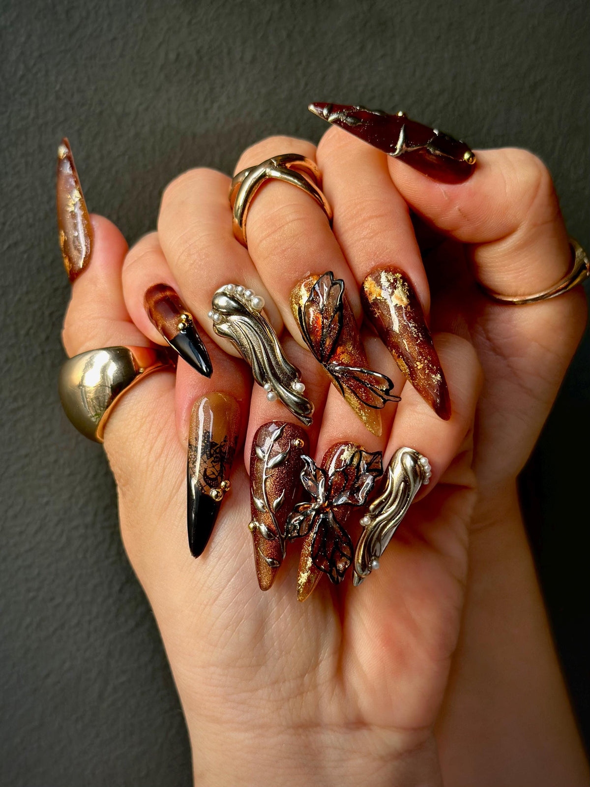 Autumn Butterfly Press On Nails |  Luxury Handmade Brown Nails | Nature Inspired Stiletto Press Ons | Elegant Butterfly Design | JB168HC