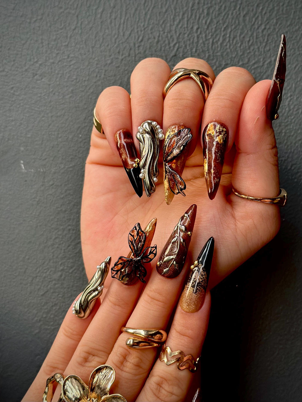 Autumn Butterfly Press On Nails |  Luxury Handmade Brown Nails | Nature Inspired Stiletto Press Ons | Elegant Butterfly Design | JB168HC