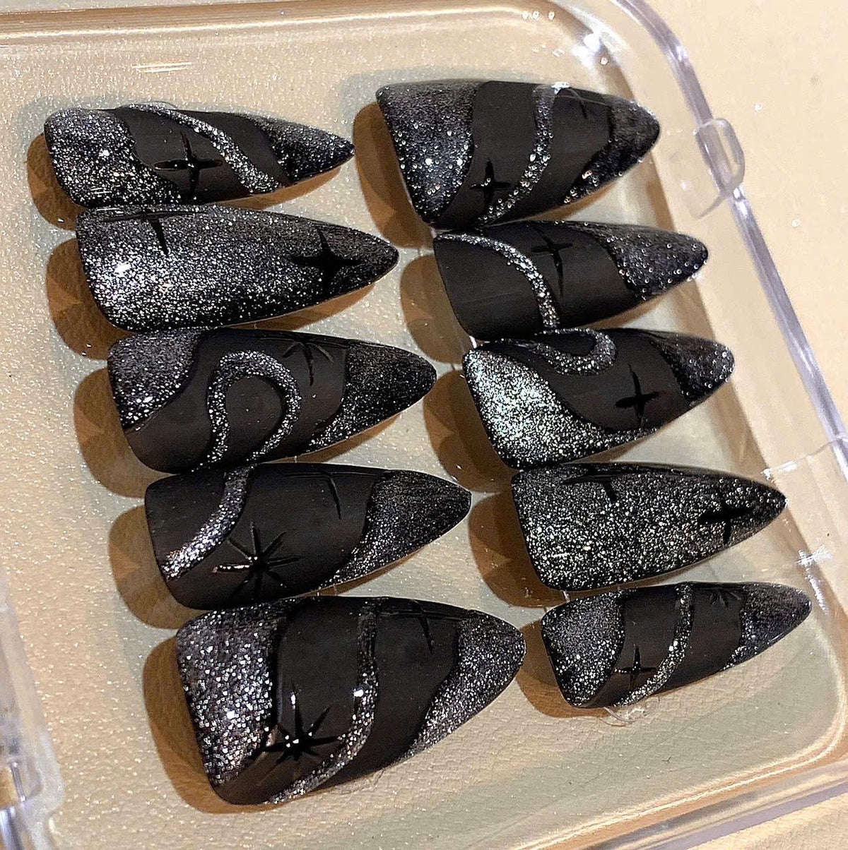 Black Glitter Stiletto Press On Nails: Moon & Star Nail Art