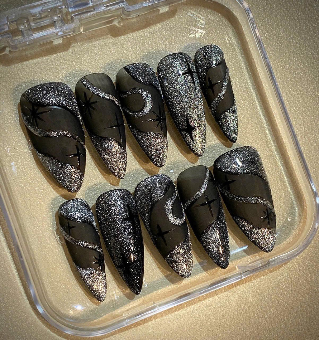 Black Glitter Stiletto Press On Nails: Moon & Star Nail Art