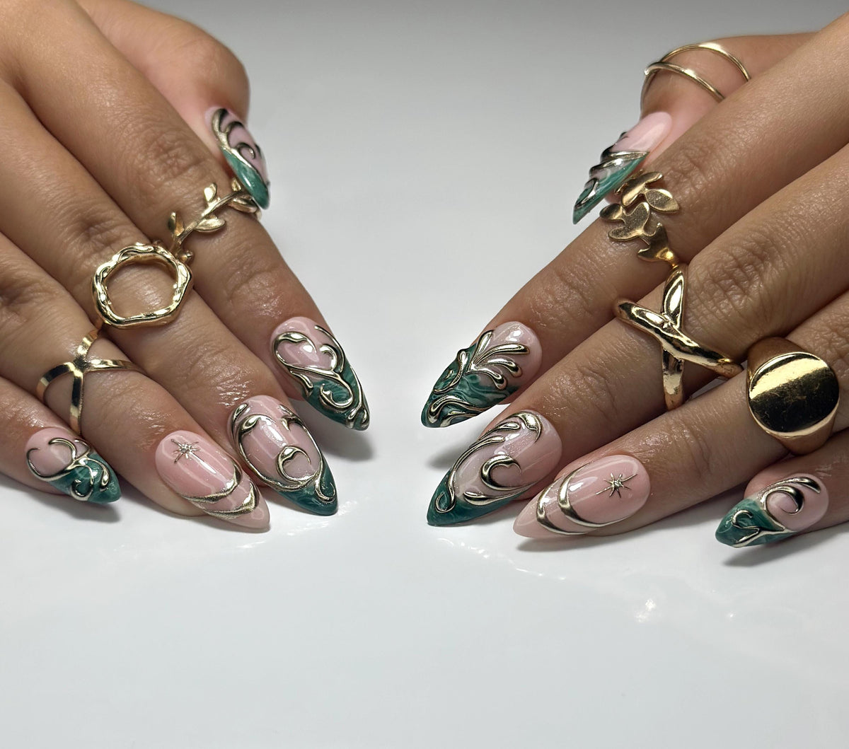 Enchanted Emerald Swirl Press On Nails | Luxurious Green & Gold Nail Art | 3D Baroque-Inspired Details | Long Almond Statement Set | JB158EC