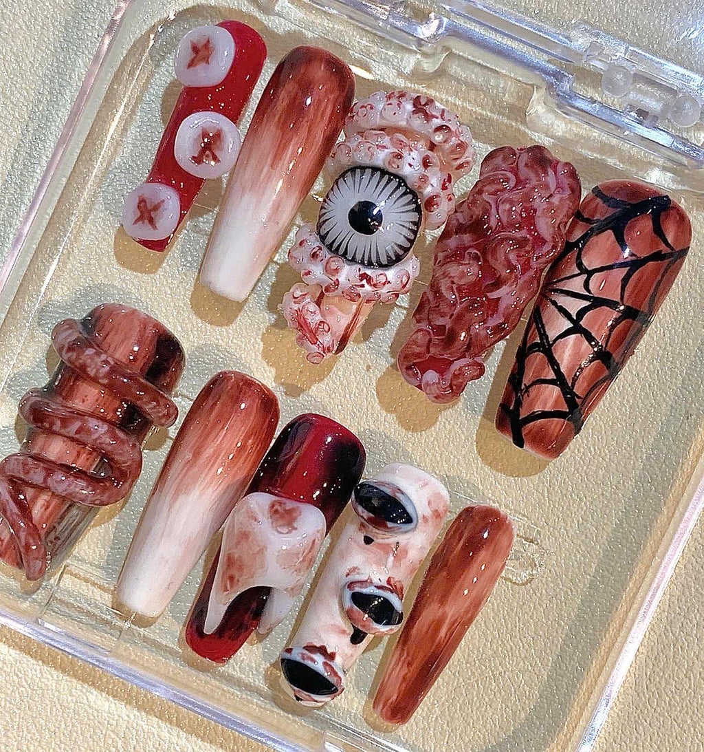 3D Halloween Press On Nails: Eyeball, Snake, Spider Web Design