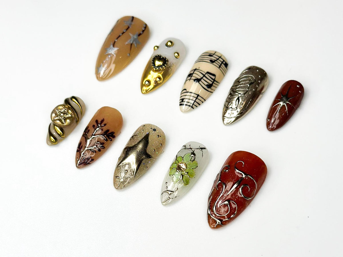 Fall Vibe Press On Nails | Music & Stars Nail Art | Baroque Luxury Handmade Nails | Celestial Nature Inspired | Elegant Nail Set | JB171HC