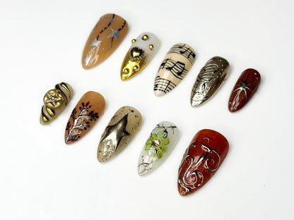 Fall Vibe Press On Nails | Music & Stars Nail Art | Baroque Luxury Handmade Nails | Celestial Nature Inspired | Elegant Nail Set | JB171HC