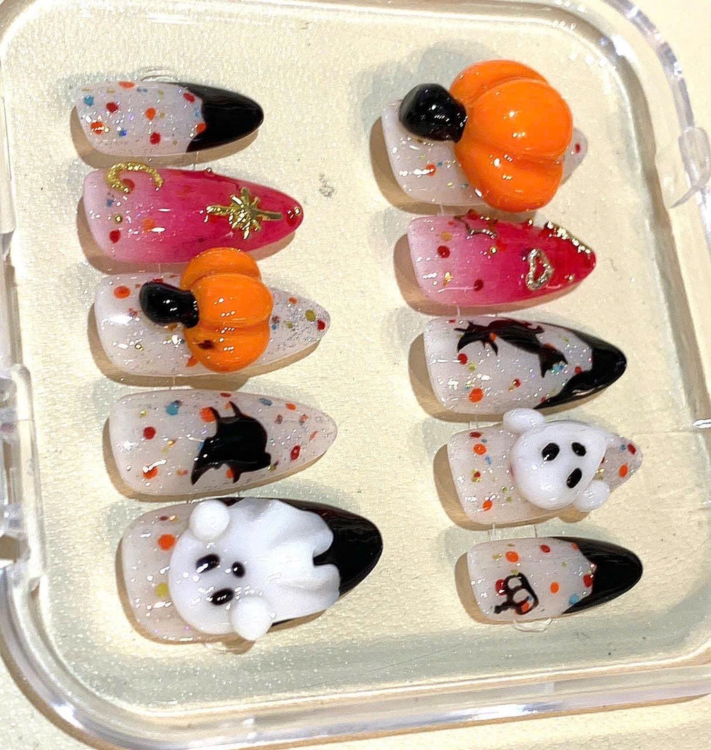 3D Ghost & Pumpkin Press On Nails: Spooky Halloween False Nails