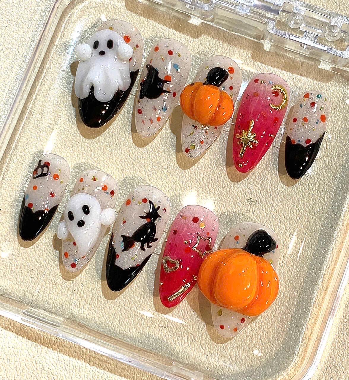 3D Ghost & Pumpkin Press On Nails: Spooky Halloween False Nails