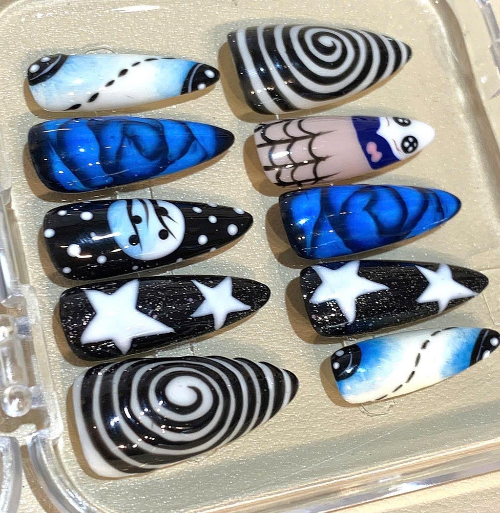 Gothic Spiral Star Press On Nails: Blue Black Stiletto Halloween Nail Art