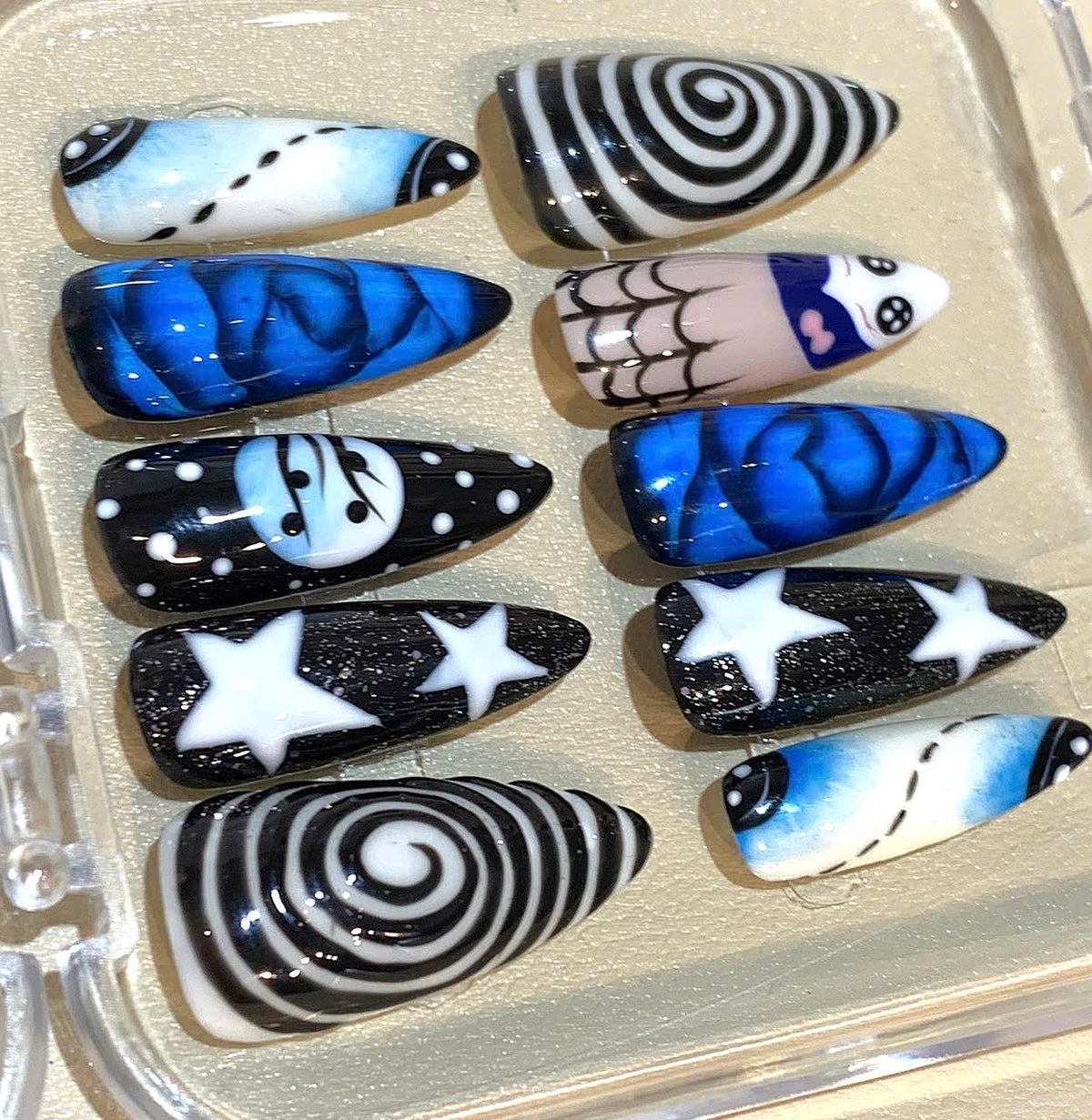 Gothic Spiral Star Press On Nails: Blue Black Stiletto Halloween Nail Art