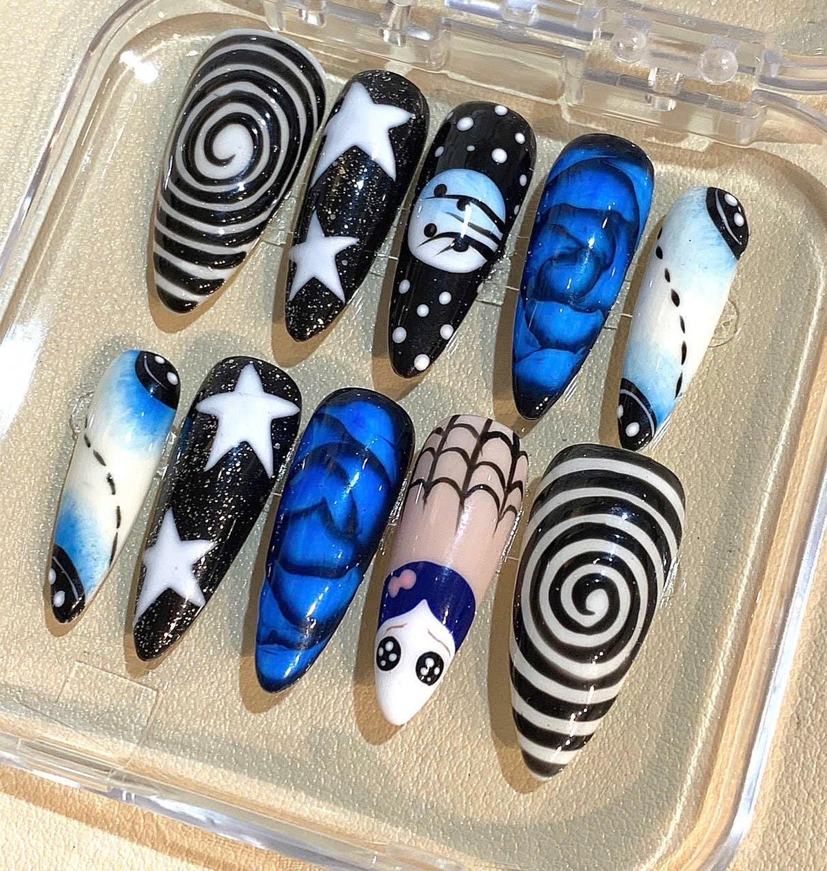 Gothic Spiral Star Press On Nails: Blue Black Stiletto Halloween Nail Art