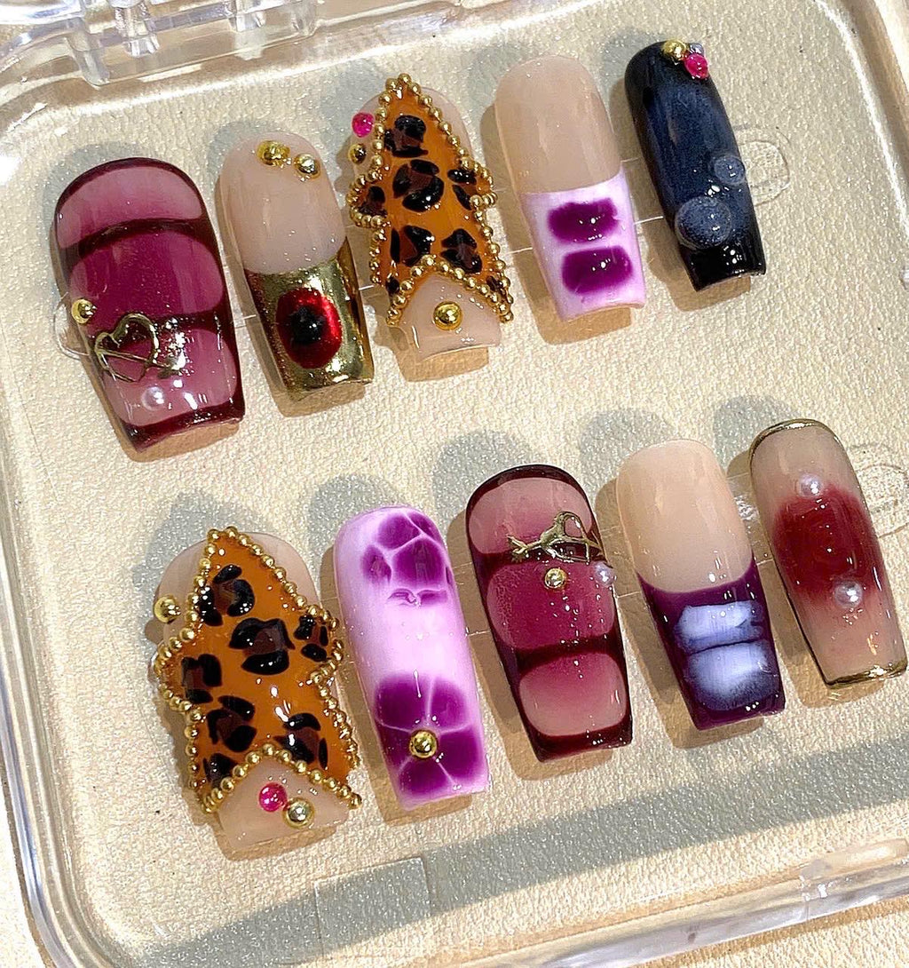 Leopard Star Press On Nails: Purple Pink Marble Rhinestone 3D Design