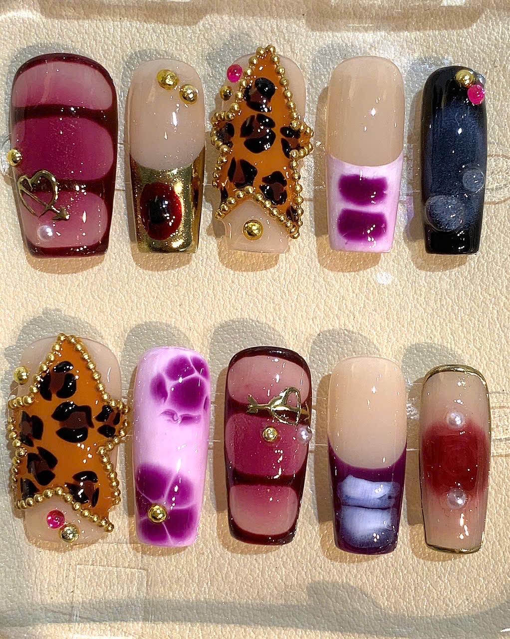 Leopard Star Press On Nails: Purple Pink Marble Rhinestone 3D Design
