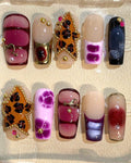 Leopard Star Press On Nails: Purple Pink Marble Rhinestone 3D Design