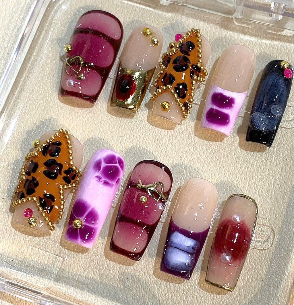 Leopard Star Press On Nails: Purple Pink Marble Rhinestone 3D Design