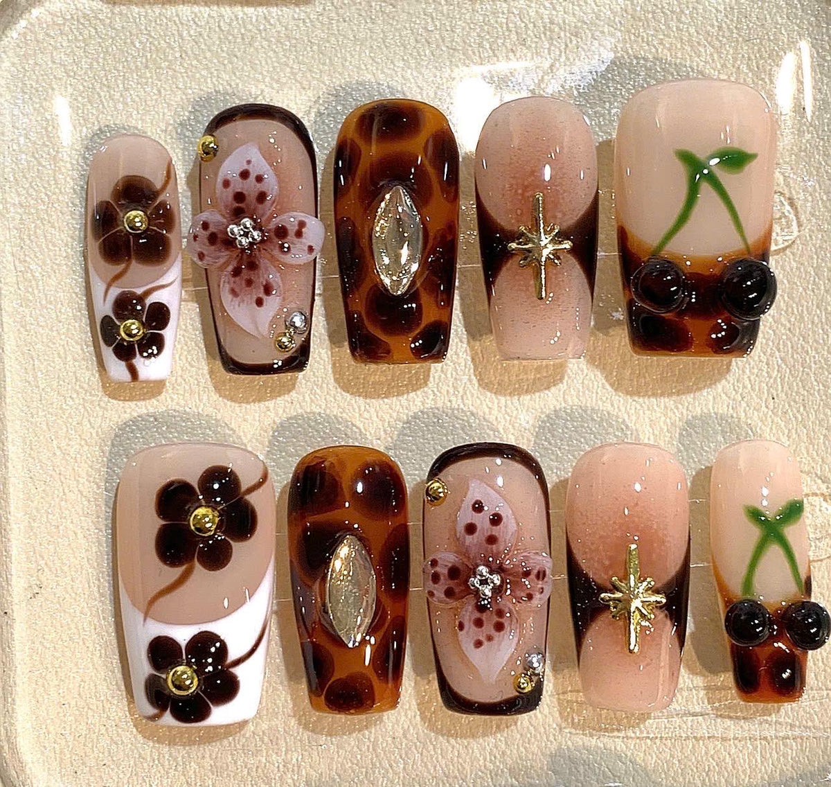 Tortoiseshell Flower Press On Nails: 3D Floral Nail Art with Gold Charms
