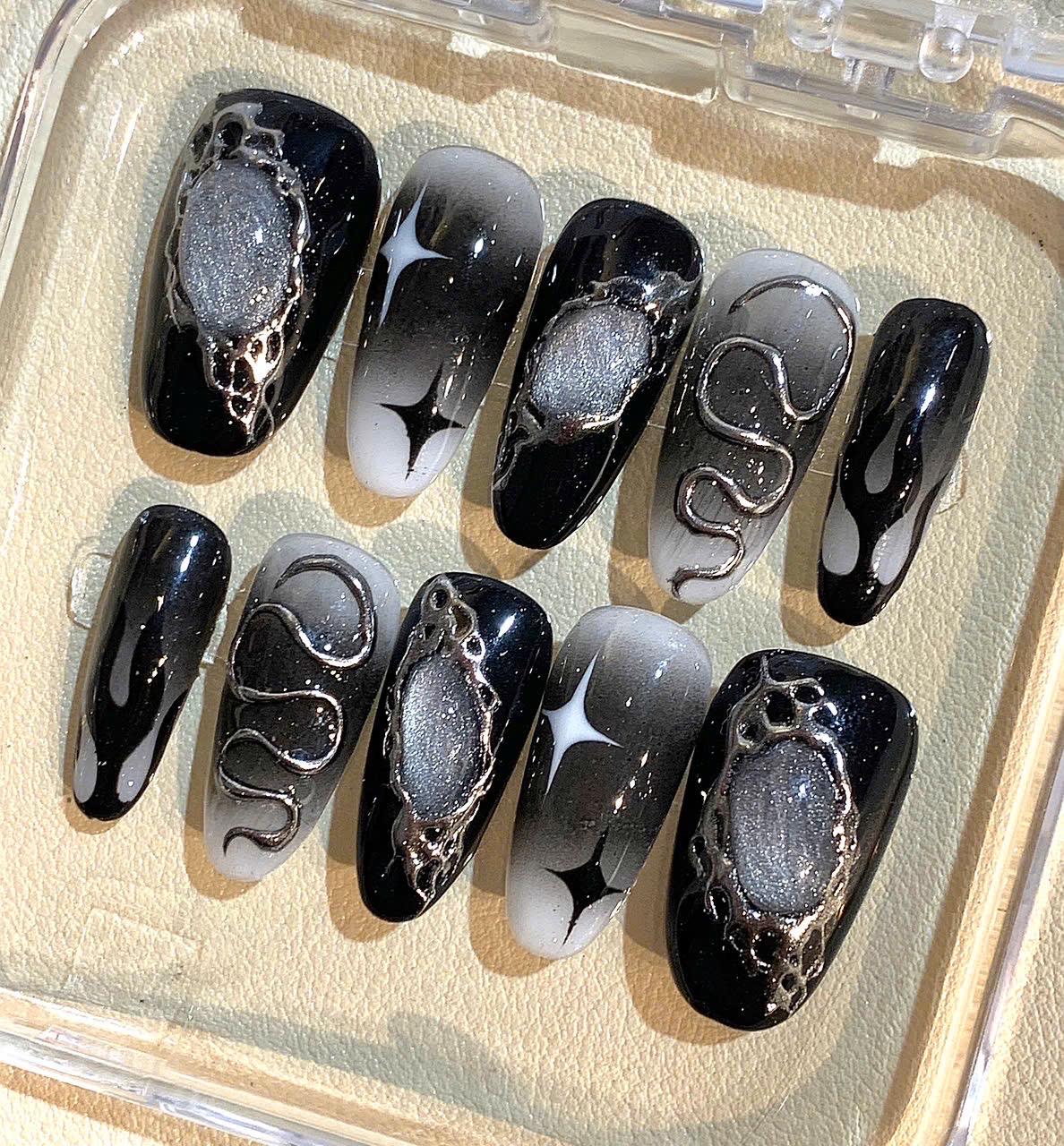 Black Silver Snake Press On Nails: Gothic Chrome Halloween Nail Art