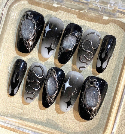 Black Silver Snake Press On Nails: Gothic Chrome Halloween Nail Art