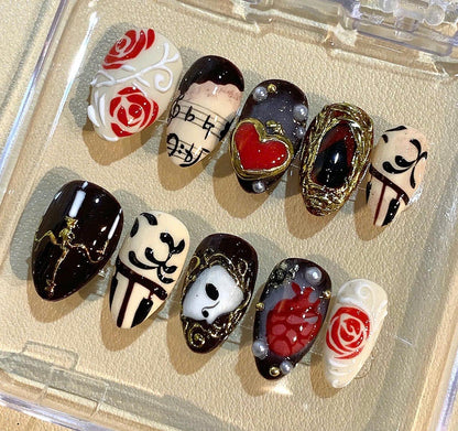 Phantom of the Opera Press On Nails: Gothic Rose Music Note Nail Art