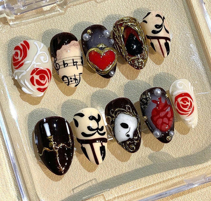 Phantom of the Opera Press On Nails: Gothic Rose Music Note Nail Art