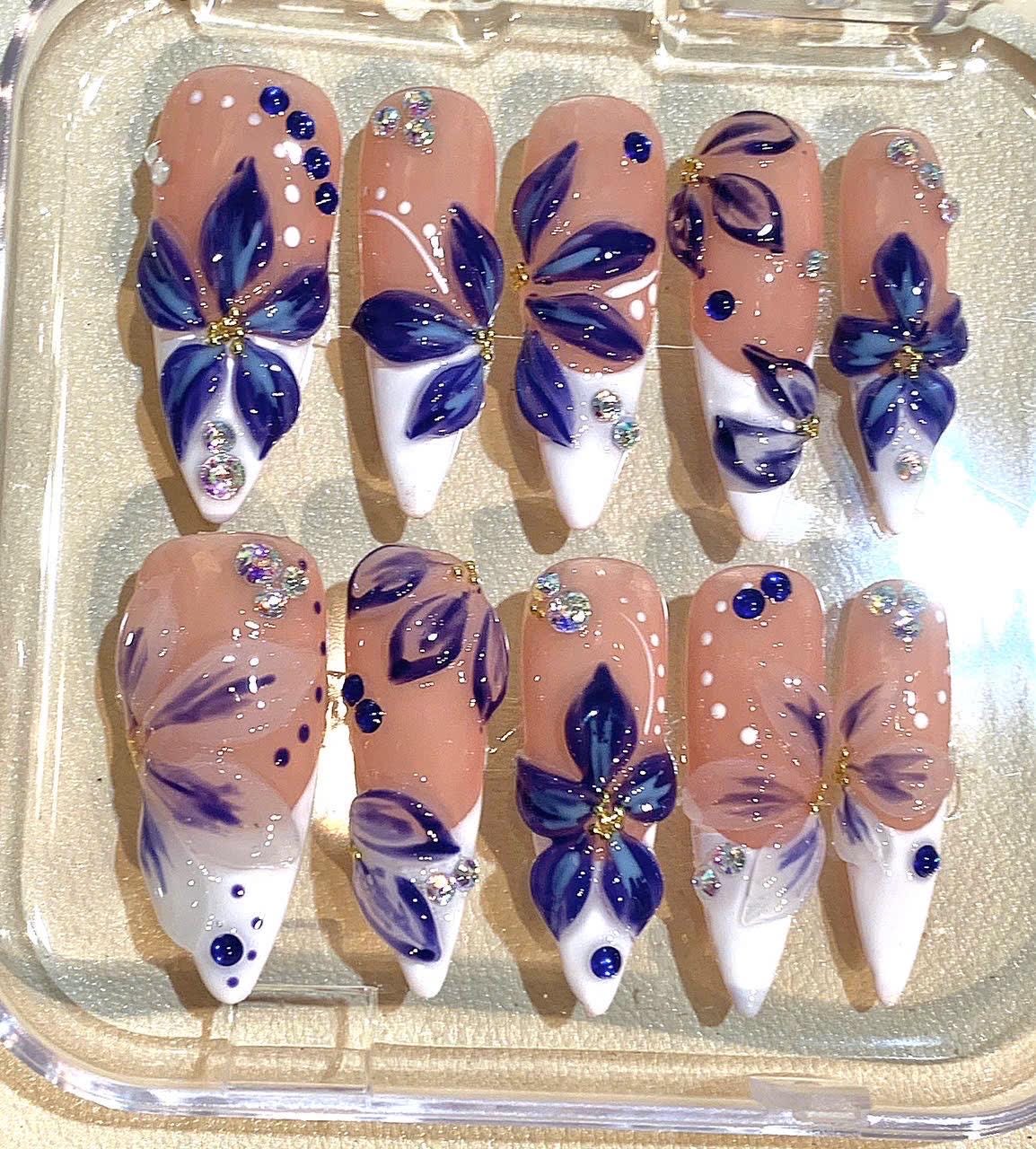 3D Blue Floral Press On Nails: Rhinestone French Tip Nail Art