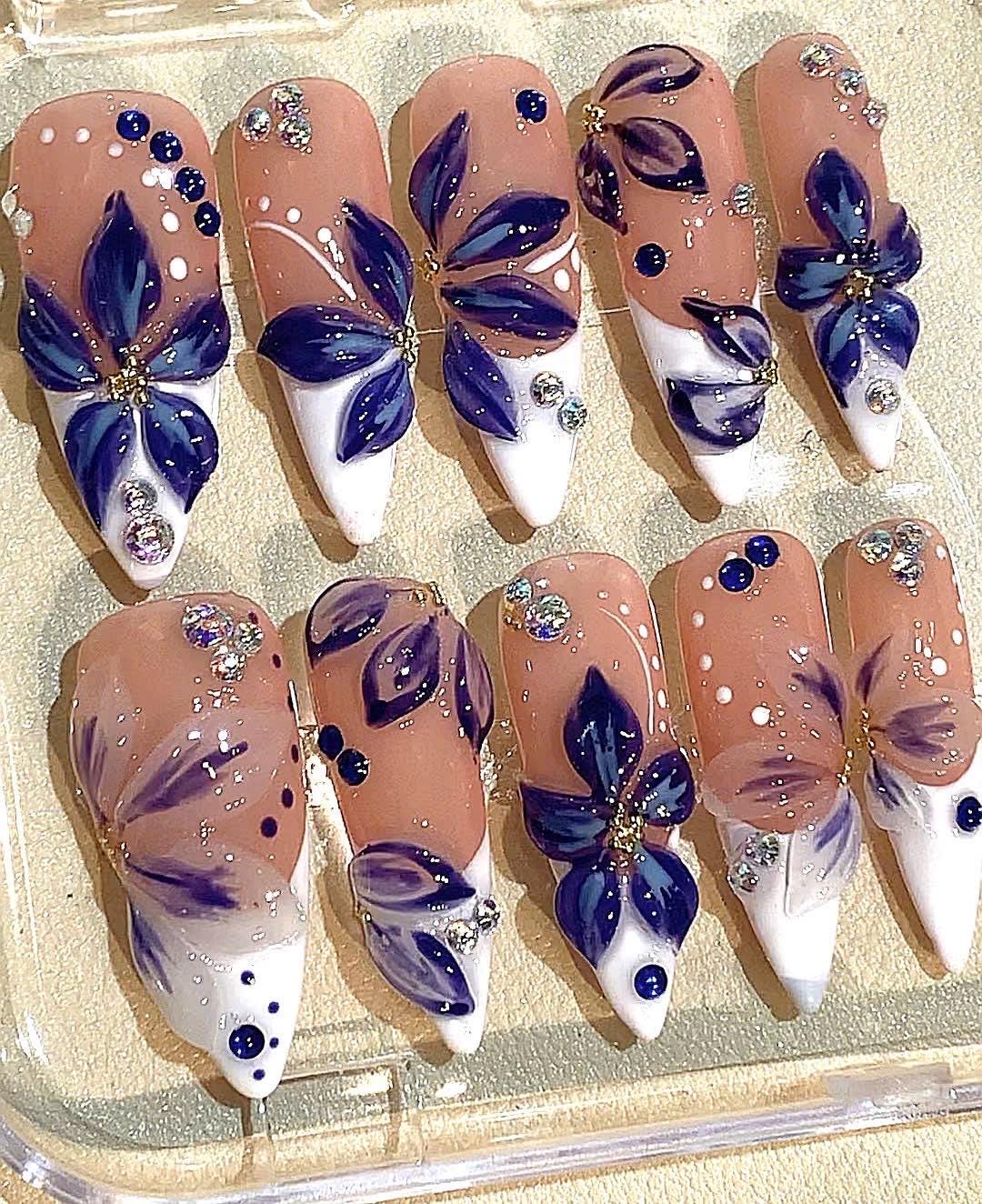 3D Blue Floral Press On Nails: Rhinestone French Tip Nail Art