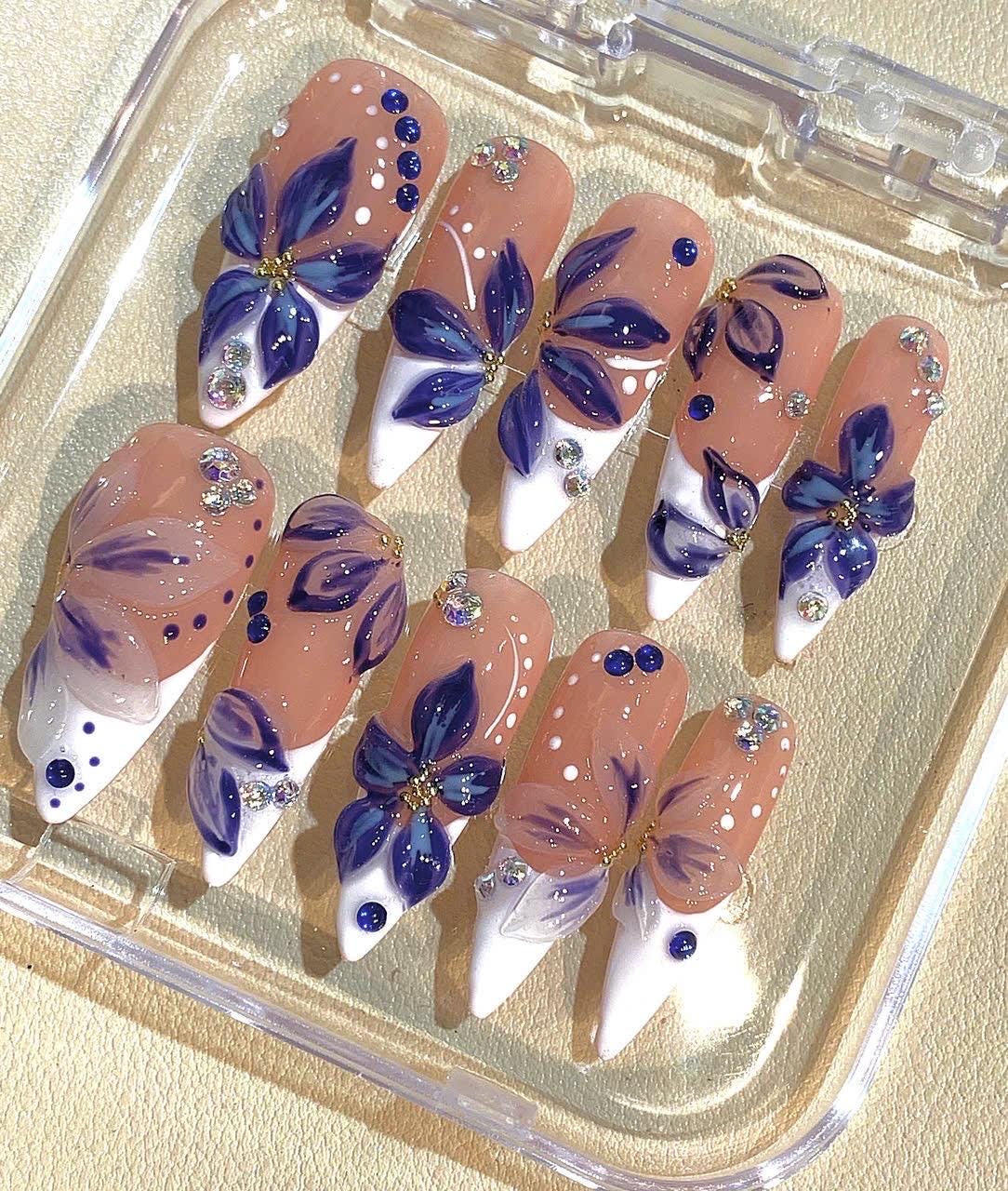 3D Blue Floral Press On Nails: Rhinestone French Tip Nail Art
