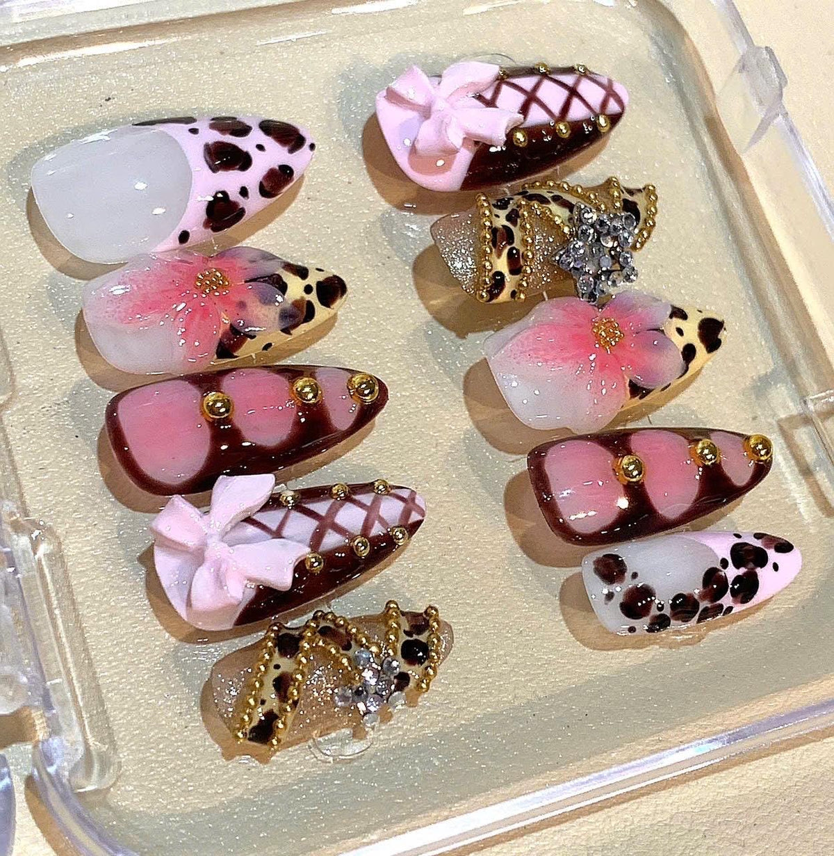 Pink Leopard Press On Nails: 3D Bow, Flower & Rhinestone Nail Art