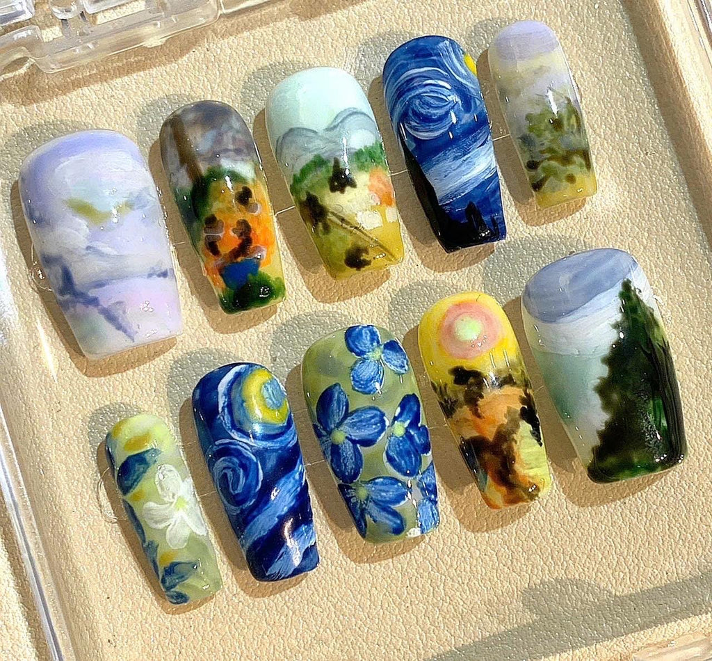 Van Gogh Starry Night Press On Nails: Hand-Painted Art False Nails