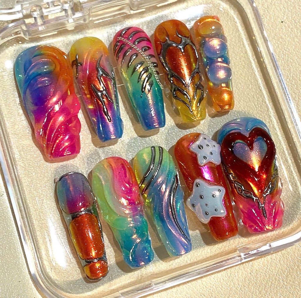 Rainbow Holographic Press On Nails: 3D Heart & Star Coffin Nail Art